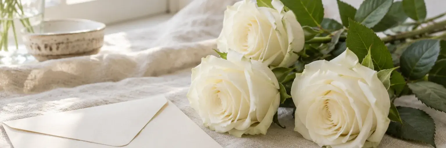 Drei weiße Rosen mit grünen Blättern neben einem unbeschrifteten Umschlag.