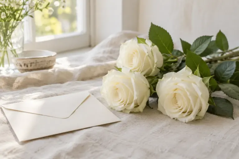 Drei weiße Rosen mit grünen Blättern neben einem unbeschrifteten Umschlag.