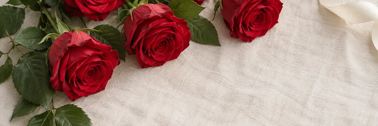 Rote Rosen mit grünen Blättern und einem elfenbeinfarbenen Band auf Leinen.