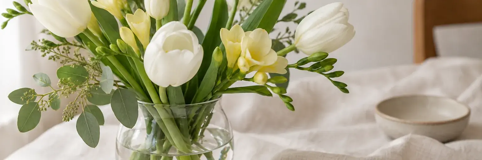 Weiße Tulpen und hellgelbe Freesien in einer kleinen Glasvase.