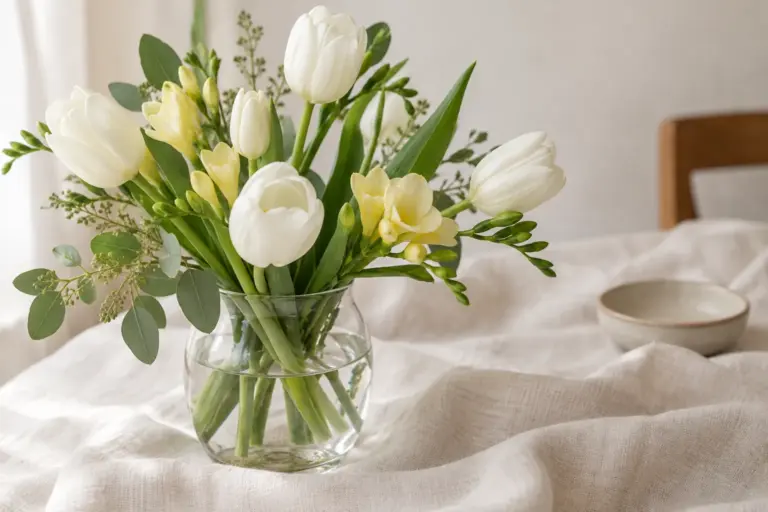 Weiße Tulpen und hellgelbe Freesien in einer kleinen Glasvase.