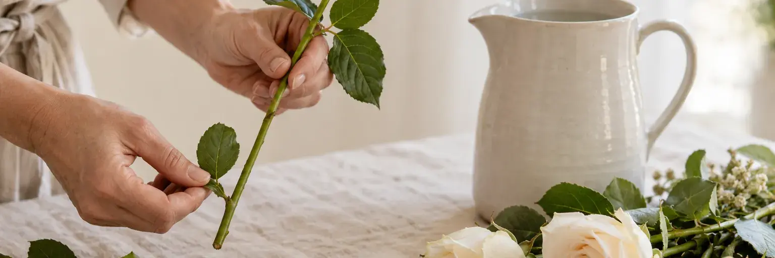 Hände beim Entfernen eines unteren Rosenblatts neben einer Wasserkaraffe.