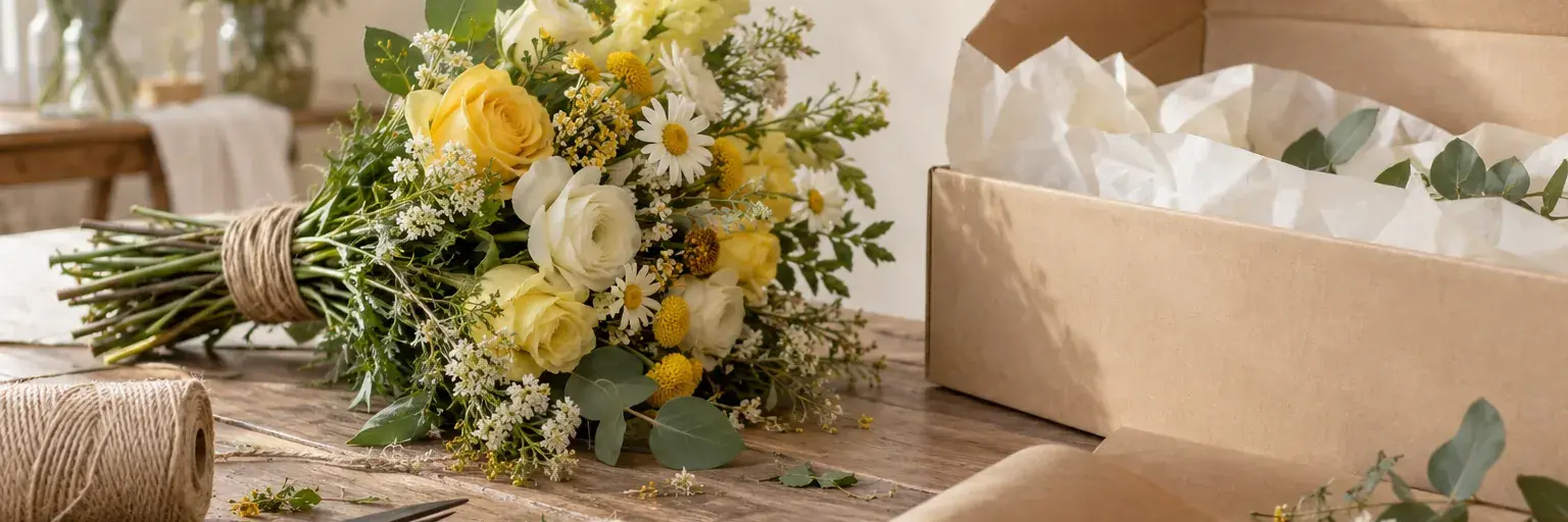 Gebundener gelb-weißer Strauß und geöffneter Versandkarton auf einem Floristentisch.