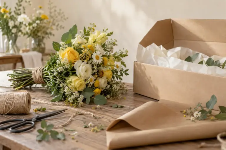 Gebundener gelb-weißer Strauß und geöffneter Versandkarton auf einem Floristentisch.