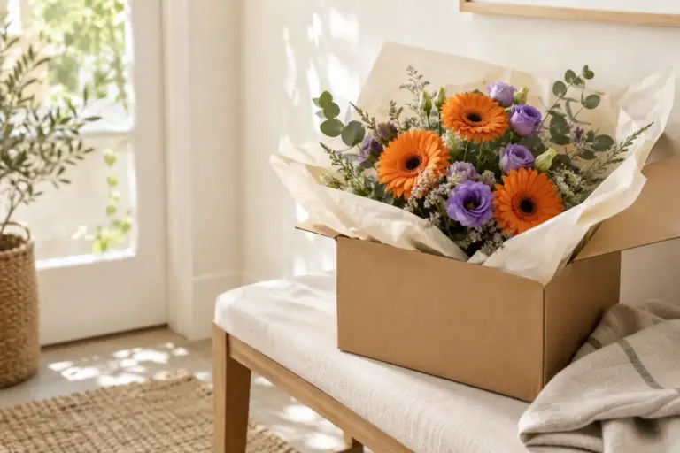 Blumenkarton mit orangefarbenen Gerbera und violetten Lisianthus auf einer hellen Flurbank.