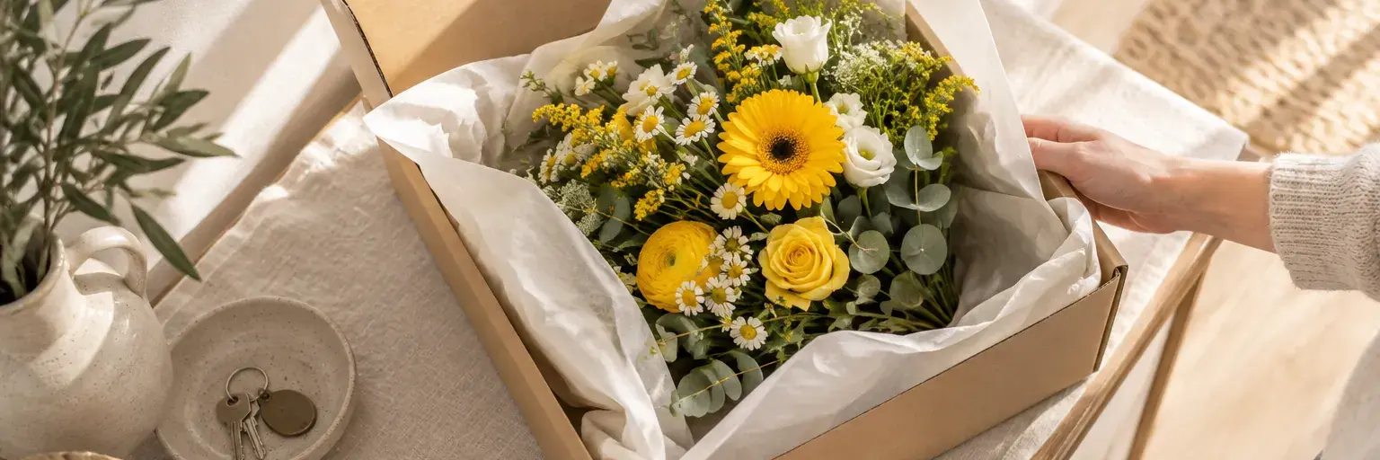 Hände mit einem geöffneten Blumenkarton und gelb-weißem Strauß auf einem hellen Flurtisch.