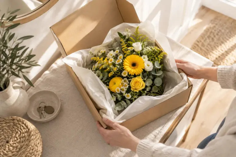 Hände mit einem geöffneten Blumenkarton und gelb-weißem Strauß auf einem hellen Flurtisch.