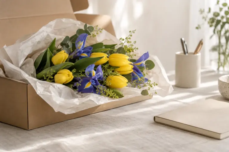 Geöffneter Blumenkarton mit gelben Tulpen und blauer Iris auf einem hellen Schreibtisch.