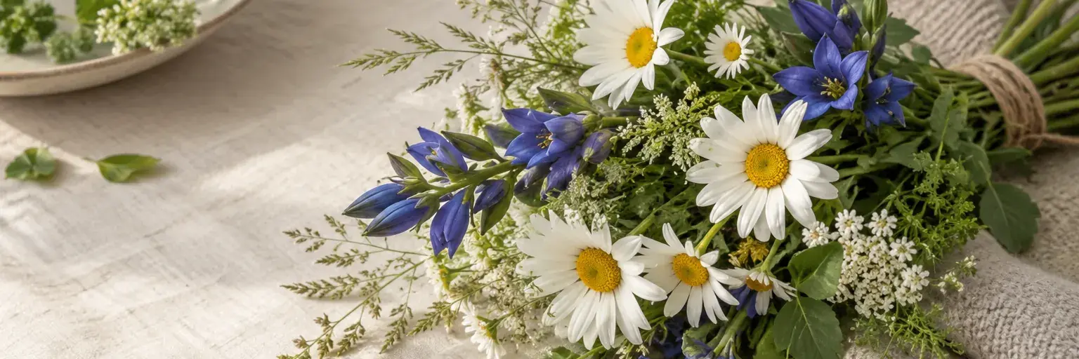 Weiße Margeriten und blauer Enzian auf einem neutralen Wolltuch.