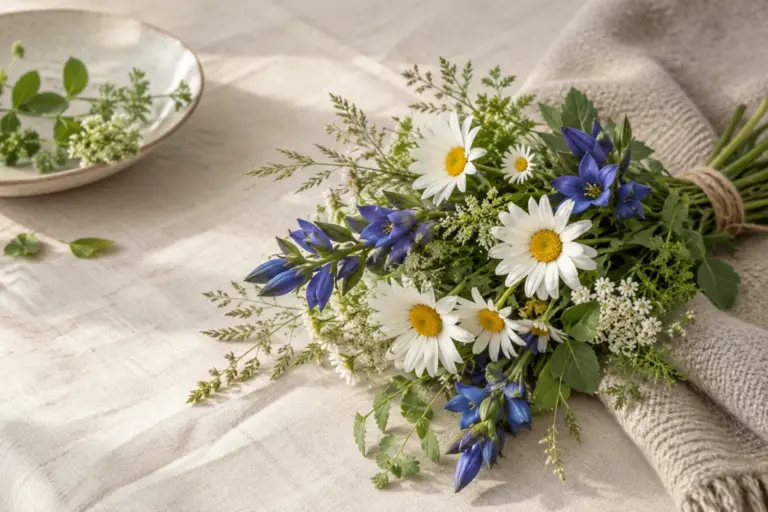 Weiße Margeriten und blauer Enzian auf einem neutralen Wolltuch.
