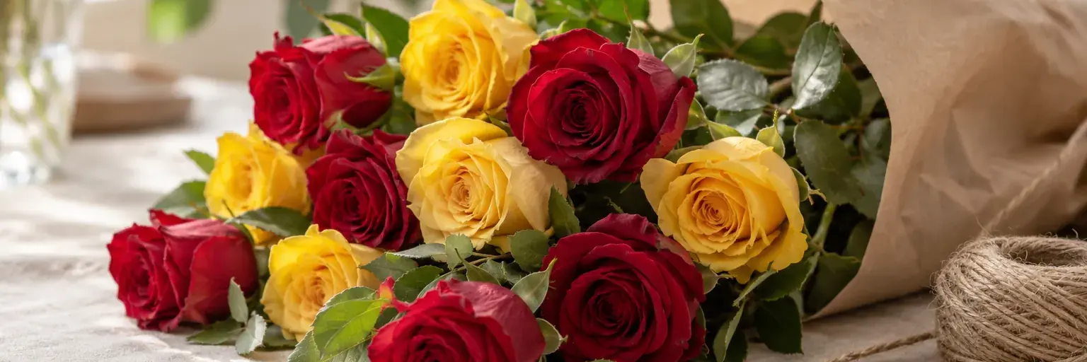 Rote und gelbe Rosen mit Kraftpapier und einfachem Bindegarn auf Leinen.