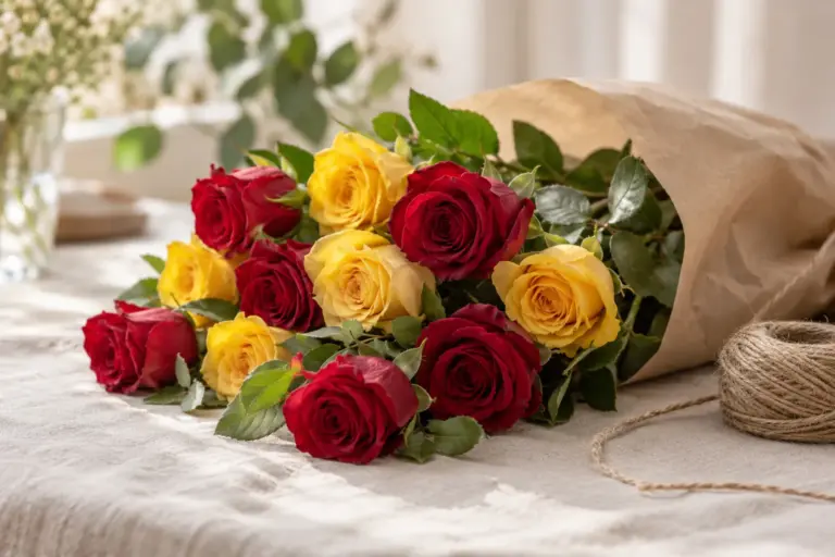 Rote und gelbe Rosen mit Kraftpapier und einfachem Bindegarn auf Leinen.