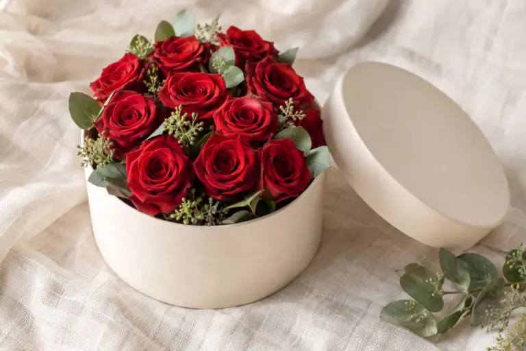 Rote Rosen in einer schlichten runden cremefarbenen Schachtel auf Leinen.