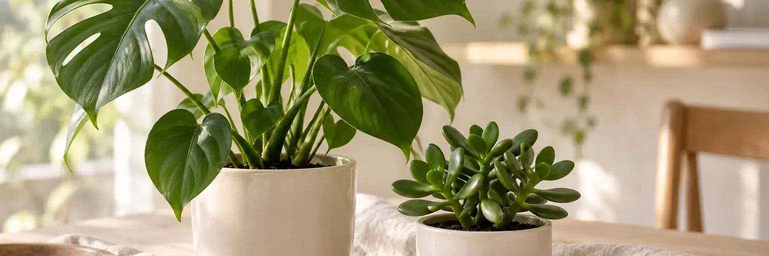 Monstera und Sukkulente in schlichten cremefarbenen Töpfen.