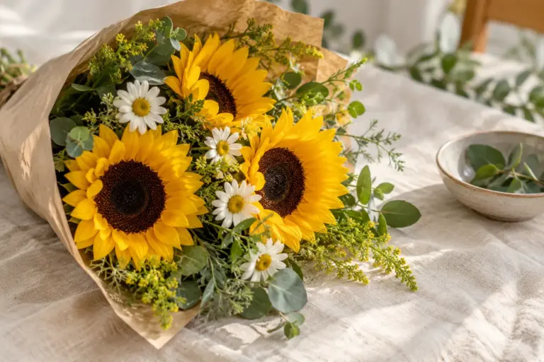 Gelbe Sonnenblumen und weiße Margeriten in schlichtem Kraftpapier.