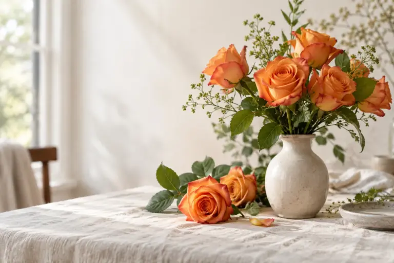 Orangefarbene Rosen neben einer kleinen Keramikvase.