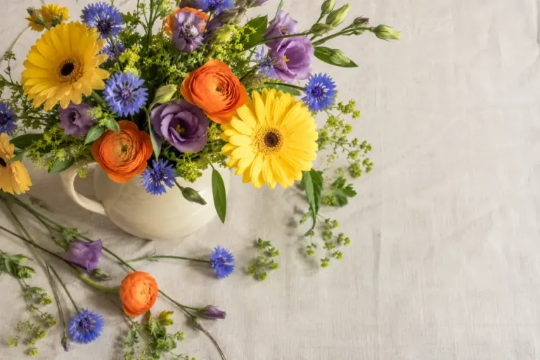 Bunter Strauß mit gelben Gerbera, orangefarbenen Ranunkeln und violett-blauen Blüten.