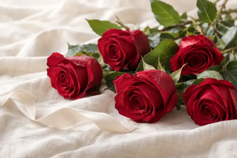 Rote Rosen mit grünen Blättern und einem elfenbeinfarbenen Band auf Leinen.