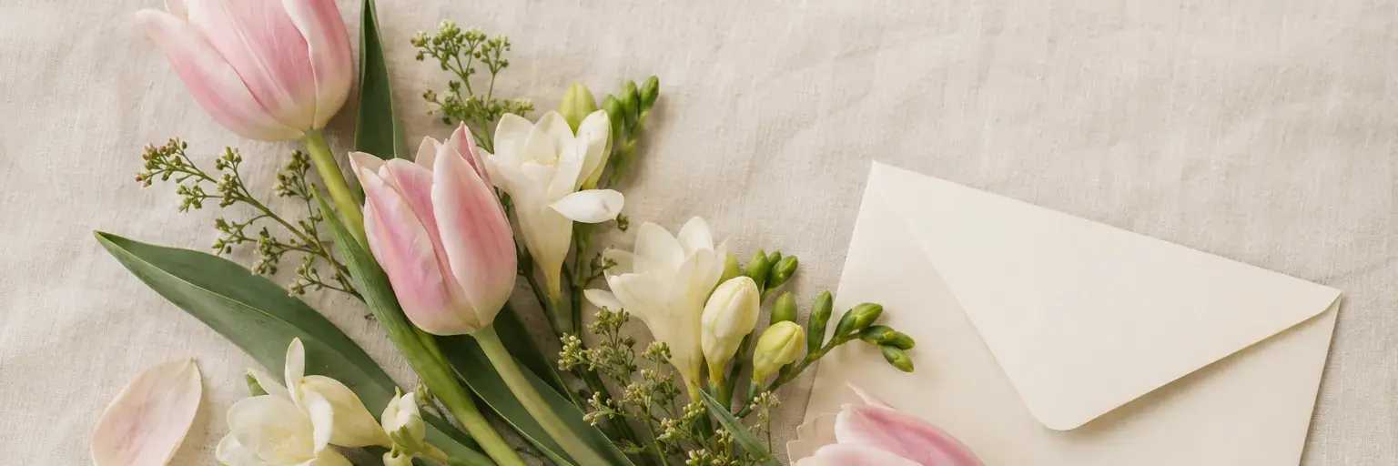 Zartrosa Tulpen und elfenbeinfarbene Freesien neben einem leeren Umschlag.