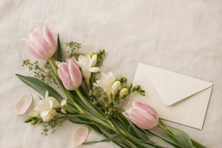 Zartrosa Tulpen und elfenbeinfarbene Freesien neben einem leeren Umschlag.