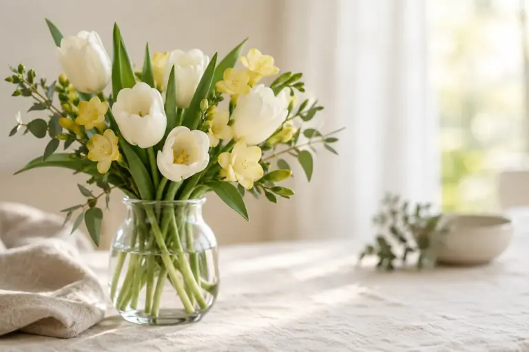 Weiße Tulpen und hellgelbe Freesien in einer kleinen Glasvase.