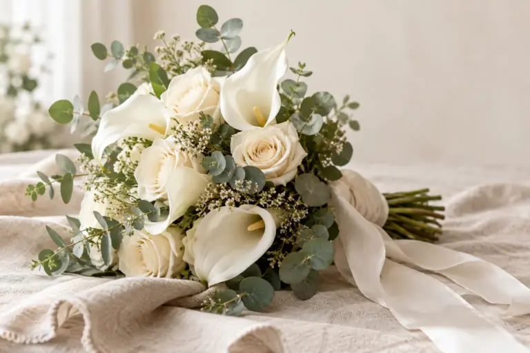 Weißer Strauß aus Calla, Rosen und Eukalyptus mit elfenbeinfarbenem Band.