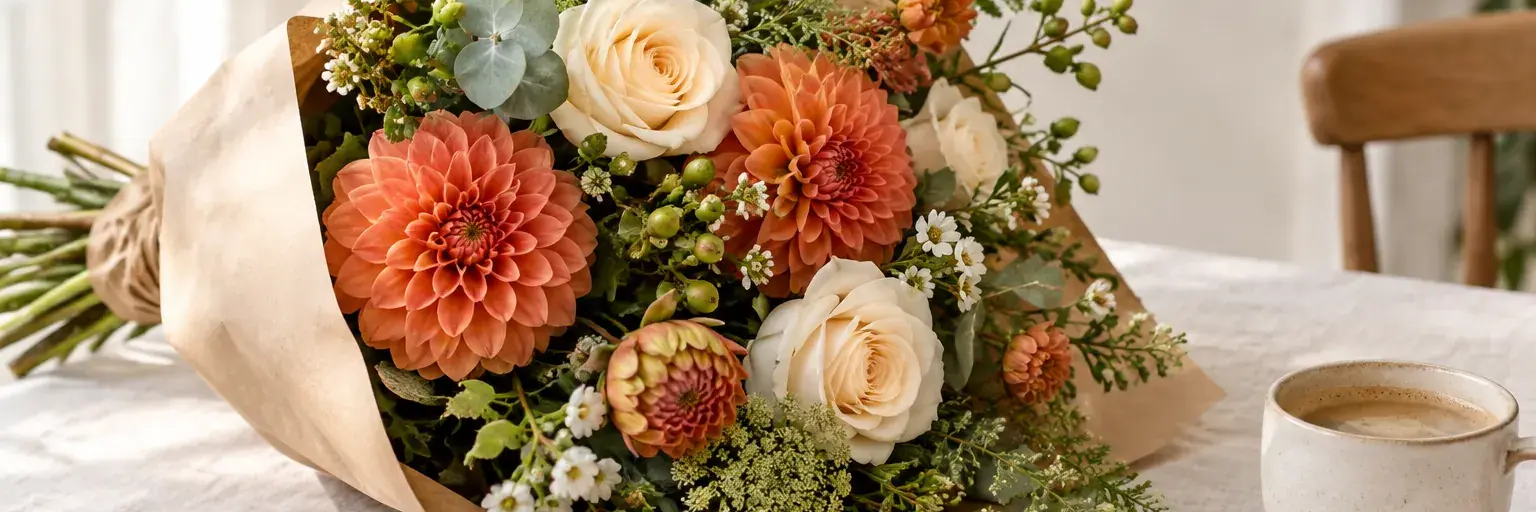 Orange Dahlien und cremefarbene Rosen in Kraftpapier neben einer schlichten Kaffeetasse.