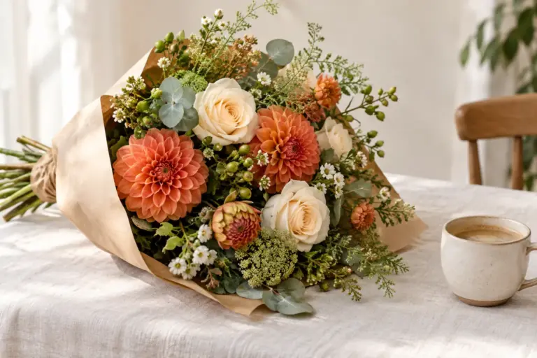 Orange Dahlien und cremefarbene Rosen in Kraftpapier neben einer schlichten Kaffeetasse.