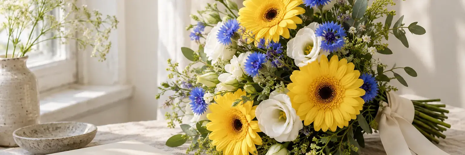 Gelbe Gerbera, blaue Kornblumen und weiße Lisianthus neben einem geschlossenen Notizbuch.