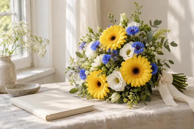 Gelbe Gerbera, blaue Kornblumen und weiße Lisianthus neben einem geschlossenen Notizbuch.
