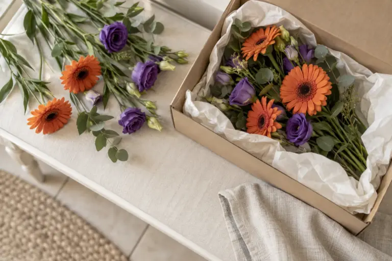Blumenkarton mit orangefarbenen Gerbera und violetten Lisianthus auf einer hellen Flurbank.