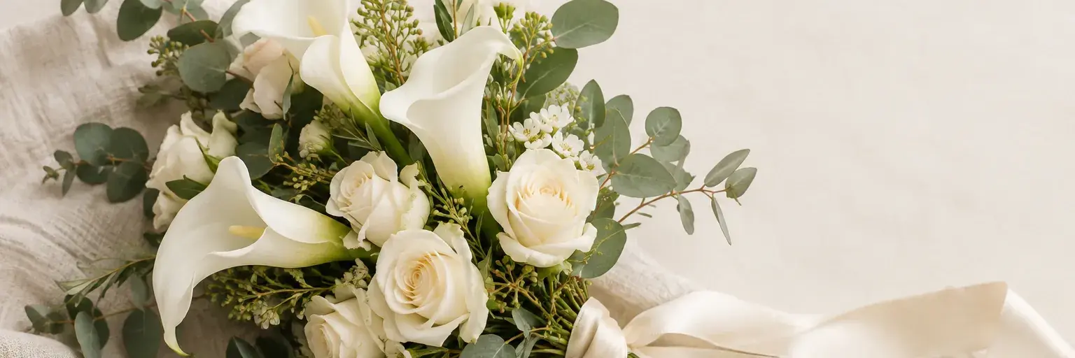 Weißer Strauß aus Calla, Rosen und Eukalyptus mit elfenbeinfarbenem Band.