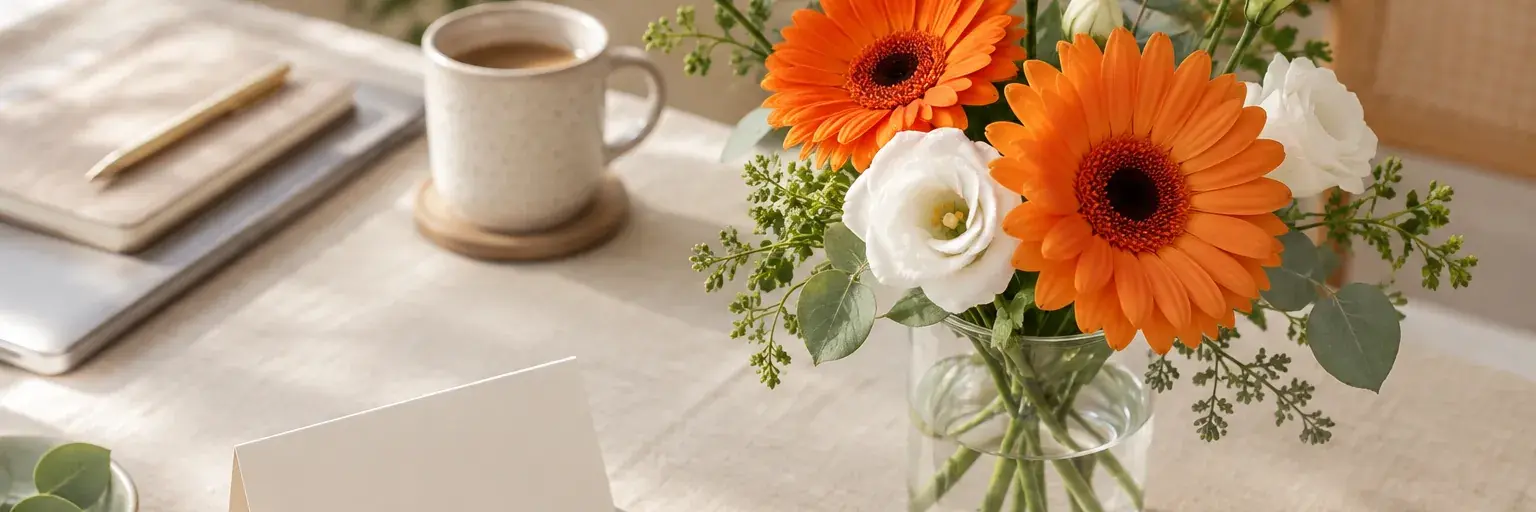 Orange Gerbera und weiße Lisianthus neben einer leeren Karte auf einem hellen Schreibtisch.