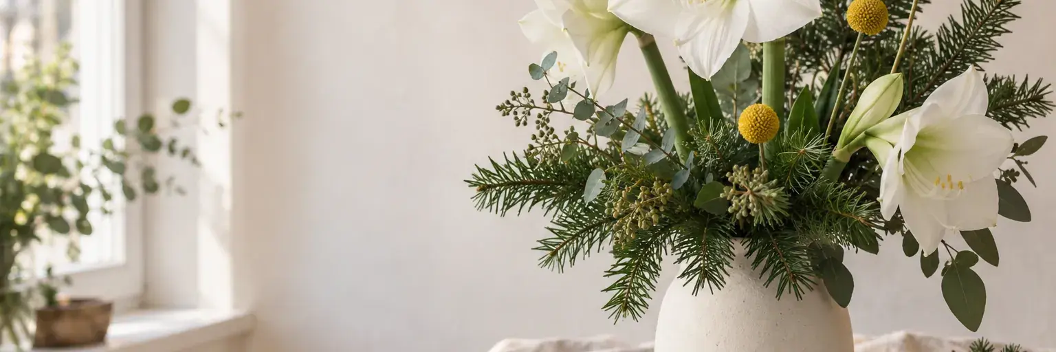 Weiße Amaryllis, Tannenzweige und goldgelbe Craspedia in einem cremefarbenen Gefäß.