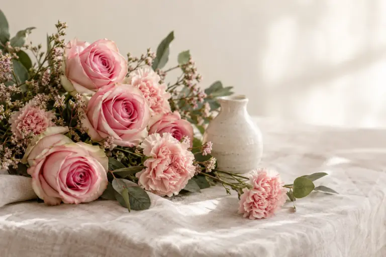Rosa Rosen und Nelken neben einer kleinen Keramikvase.