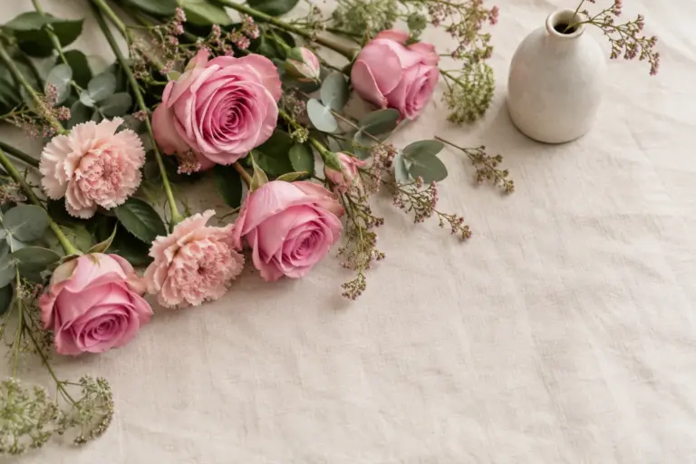 Rosa Rosen und Nelken neben einer kleinen Keramikvase.