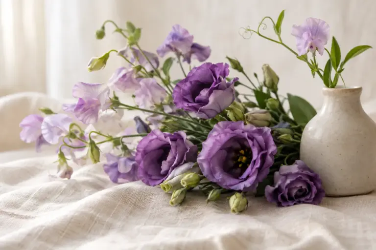 Violette Lisianthus und Duftwicken neben einer kleinen Keramikvase.
