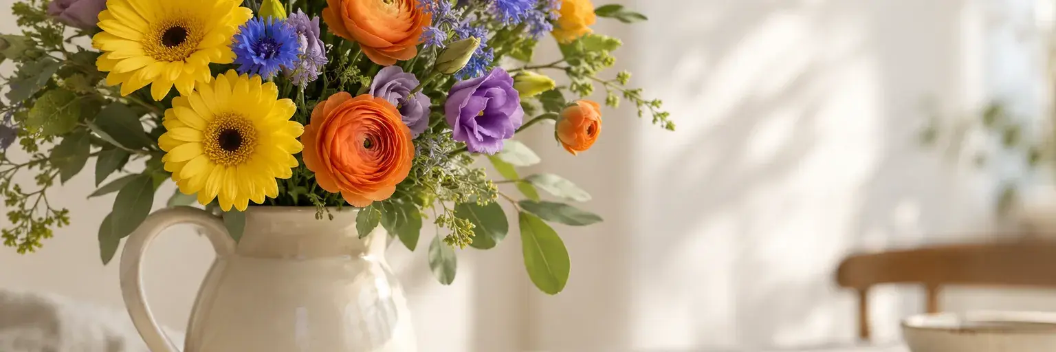 Bunter Strauß mit gelben Gerbera, orangefarbenen Ranunkeln und violett-blauen Blüten.