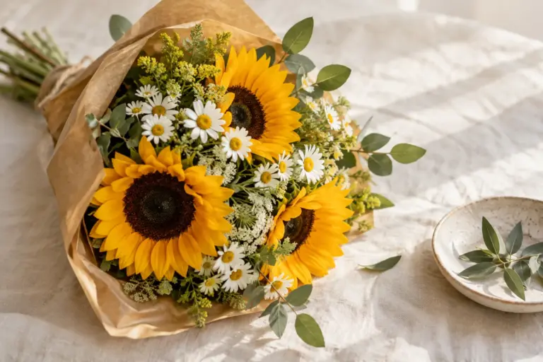 Gelbe Sonnenblumen und weiße Margeriten in schlichtem Kraftpapier.
