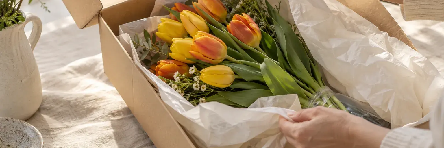 Hände beim Auspacken gelber und orangefarbener Tulpen aus Seidenpapier.