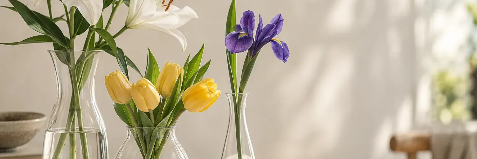Drei unterschiedlich geformte Glasvasen mit Lilien, Tulpen und Iris.