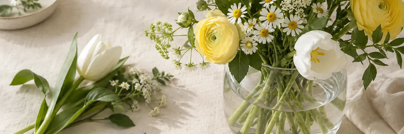 Glasvase mit frischem Wasser neben weiß-gelben Blumen und abgeschnittenen Stielen.
