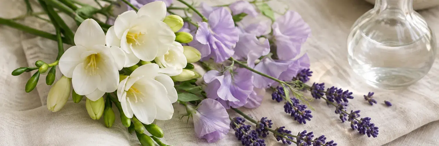 Weiße Freesien, Duftwicken und Lavendel neben einer kleinen Glasvase.