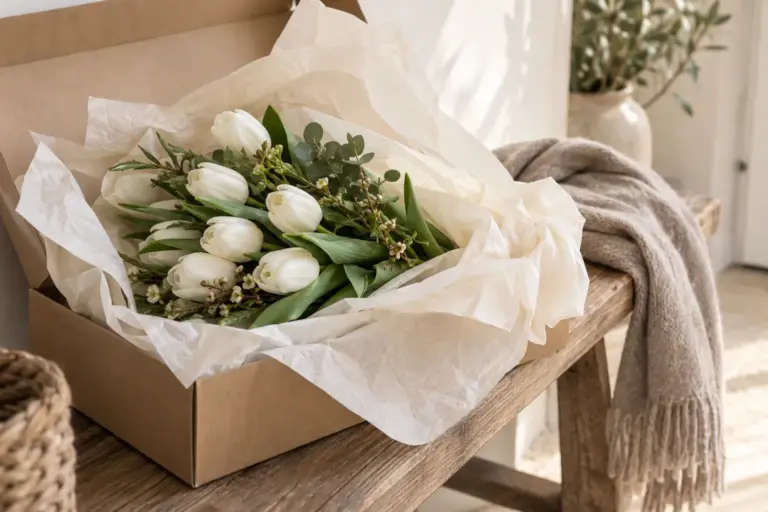 Weiße Tulpen in Seidenpapier und Versandkarton neben einem Wollschal.