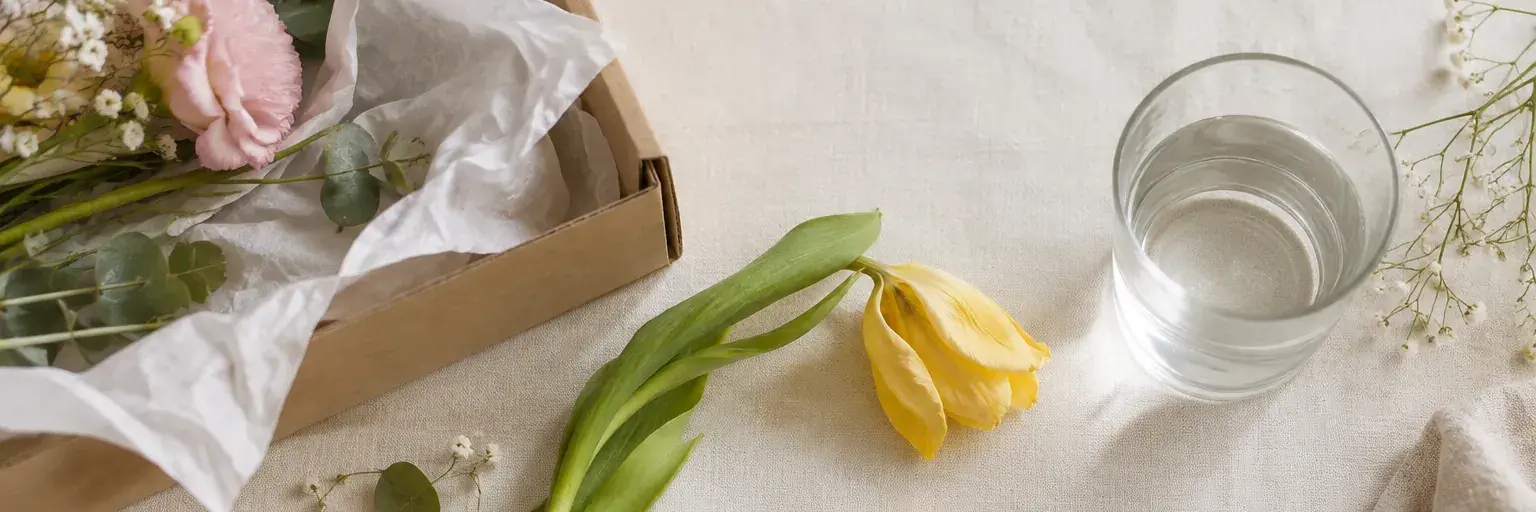 Leicht hängende gelbe Tulpe neben einem geöffneten Versandkarton und einem Wasserglas.