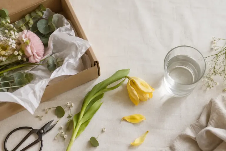 Leicht hängende gelbe Tulpe neben einem geöffneten Versandkarton und einem Wasserglas.