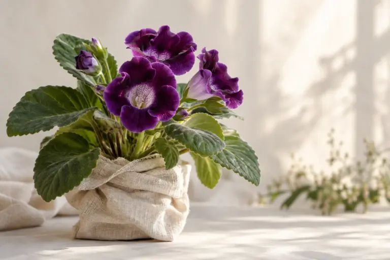 Violette Gloxinie mit samtigen Blüten und behaarten Blättern.