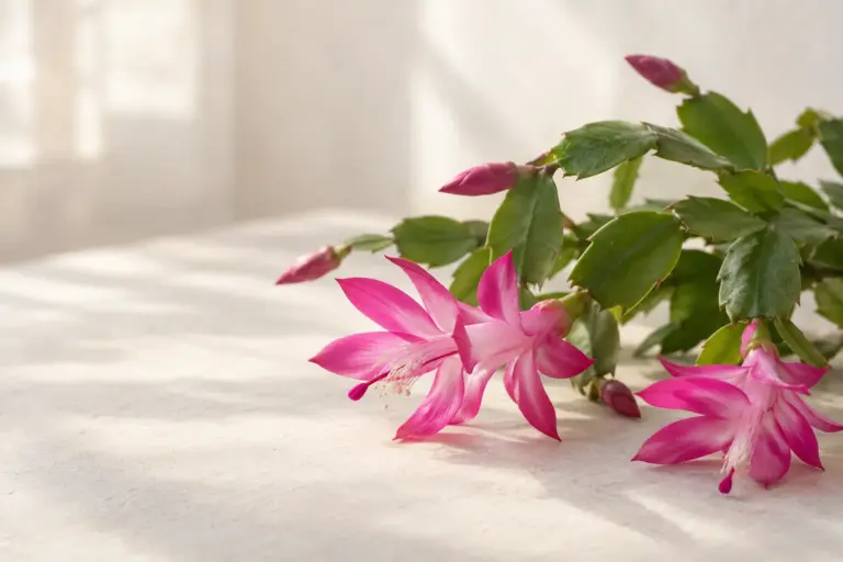 Blühender Weihnachtskaktus mit rosafarbenen Röhrenblüten.