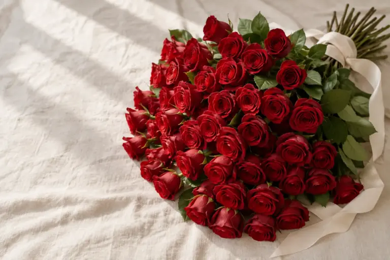 Rote Rosen mit grünen Blättern und einem elfenbeinfarbenen Band auf Leinen.