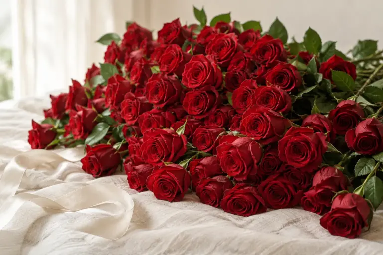 Rote Rosen mit grünen Blättern und einem elfenbeinfarbenen Band auf Leinen.